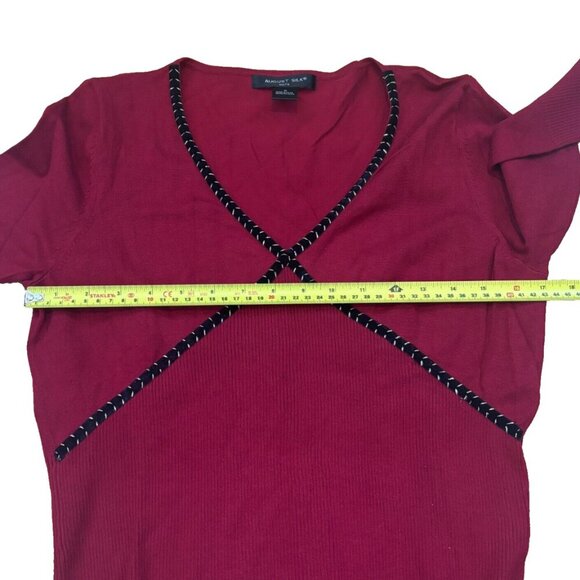 August Silk VNeck Sweater Top Marron Red with Black and Gold Braid Trim Womens M - Picture 4 of 7